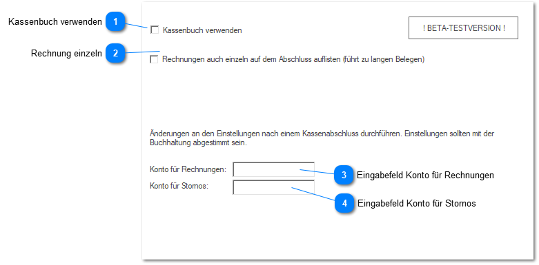Fenster Einstellungen Kassenbuch